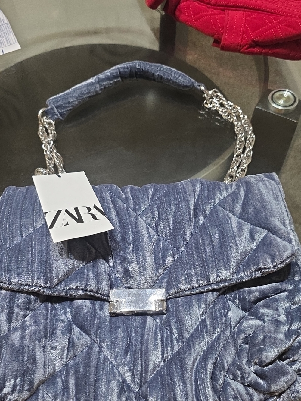 ZARA Quilted Shoulder Bag in Slate Blue with Silver Chain